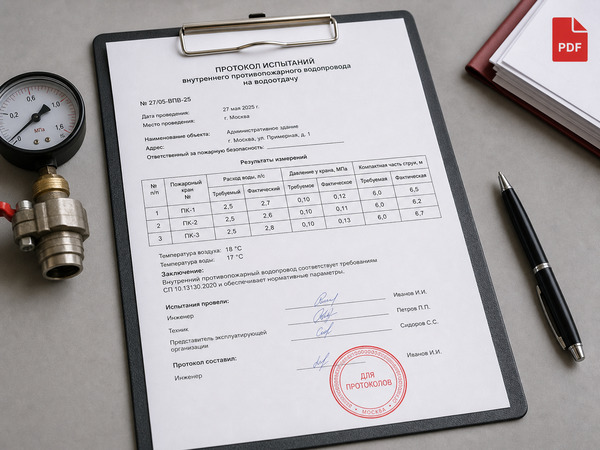 Протокол испытаний внутреннего противопожарного водопровода на столе